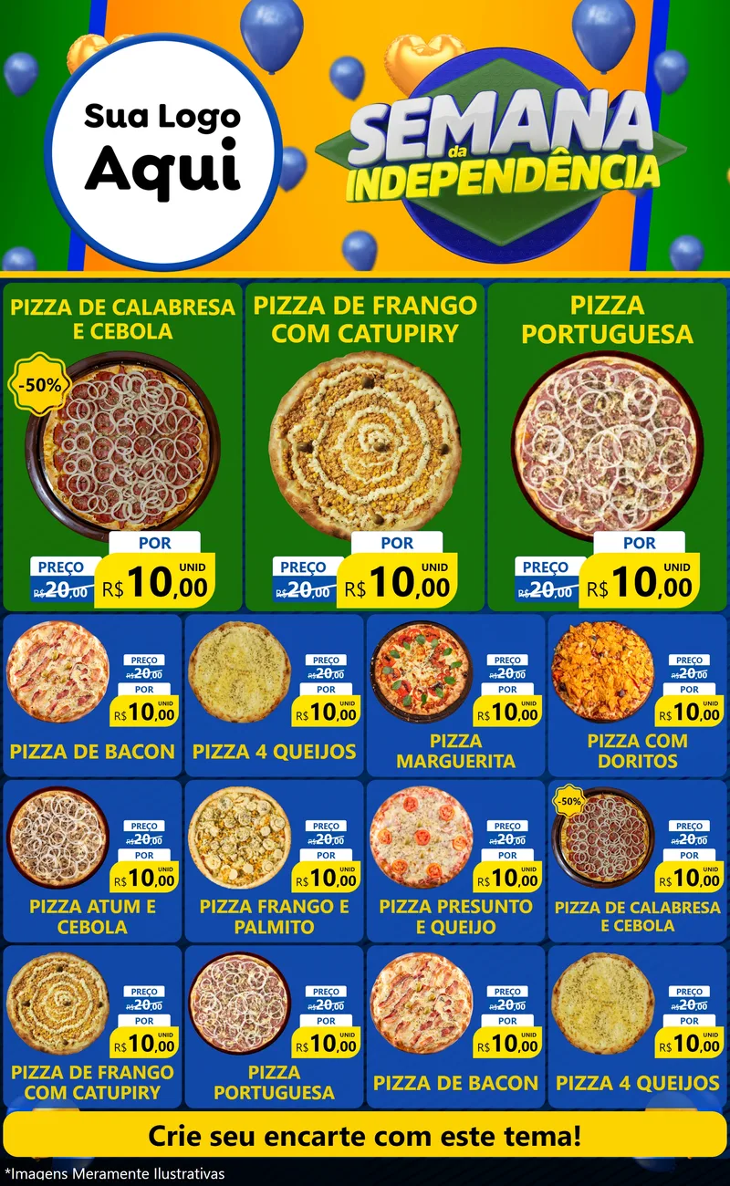 Modelo de Encarte para Encarte Grande com o tema Semana da Independência para Pizzaria