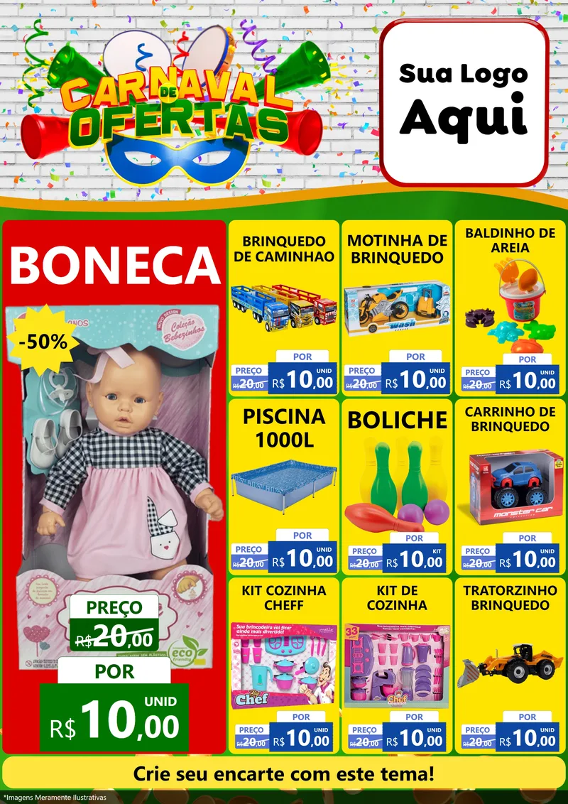 Modelo de Encarte para Encarte A4 Vertical com o tema Carnaval de Ofertas para Brinquedos