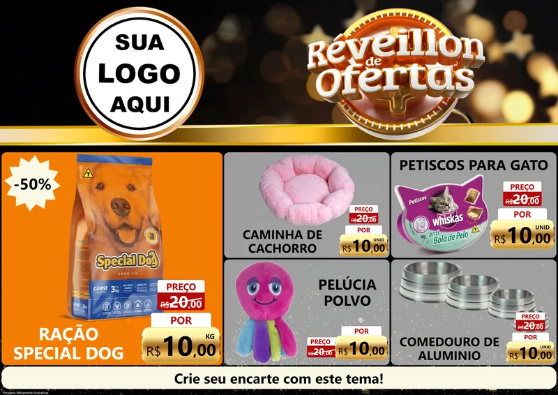 Modelo de Encarte para Encarte A4 Horizontal com o tema Réveillon de Ofertas para Pet Shop