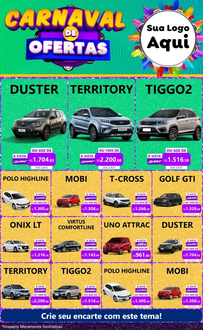 Modelo de Encarte para Encarte Grande com o tema Carnaval de Ofertas para Concessionaria de Carros