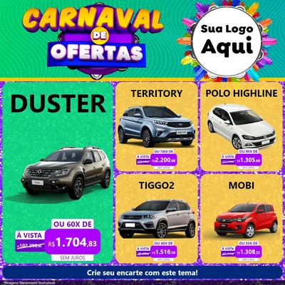 Modelo de Rede Social para Feed Facebook com o tema Carnaval de Ofertas para Concessionaria de Carros