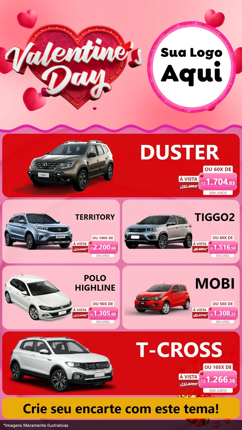 Modelo de TV para TV Vertical com o tema Valentine's Day para Concessionaria de Carros