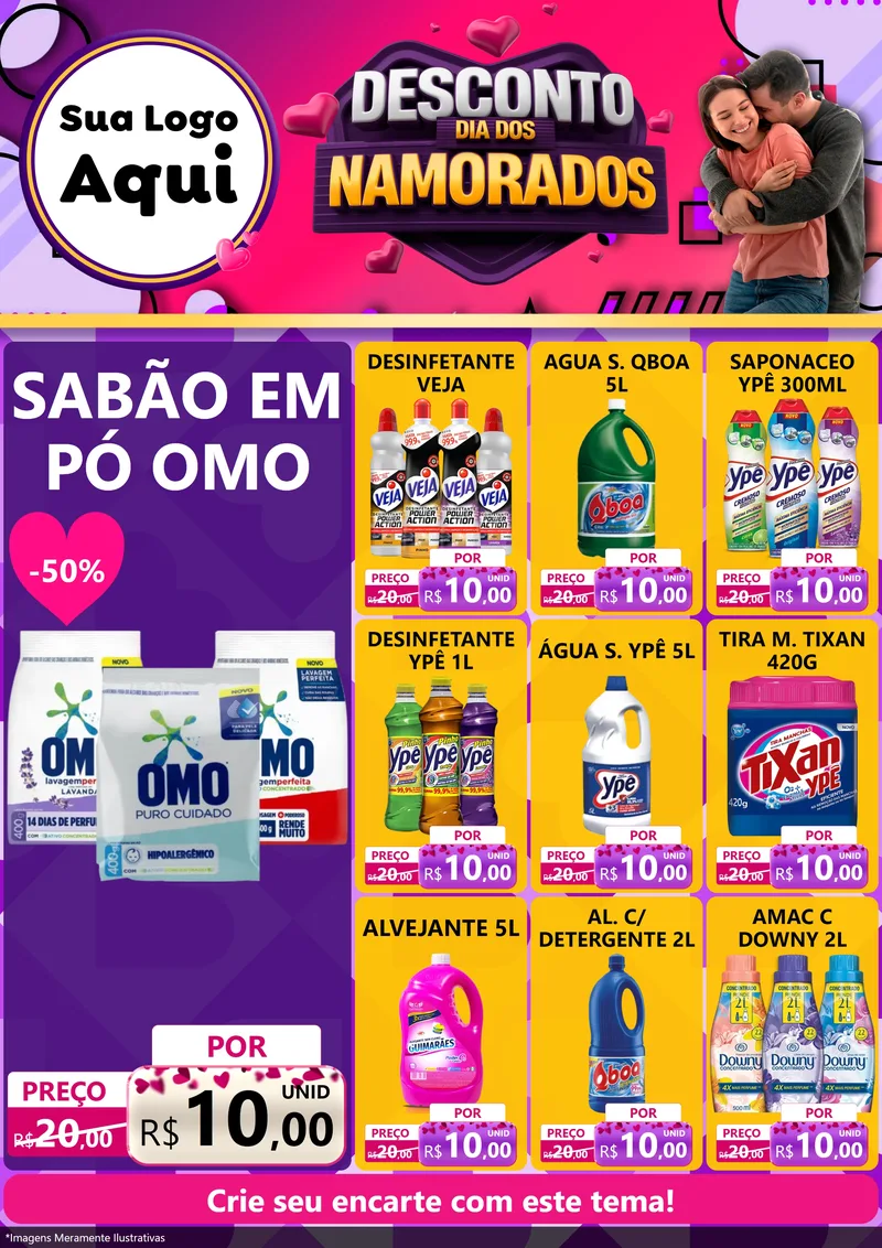 Modelo de Encarte para Encarte A4 Vertical com o tema Desconto Dia dos Namorados para Produtos de Limpeza