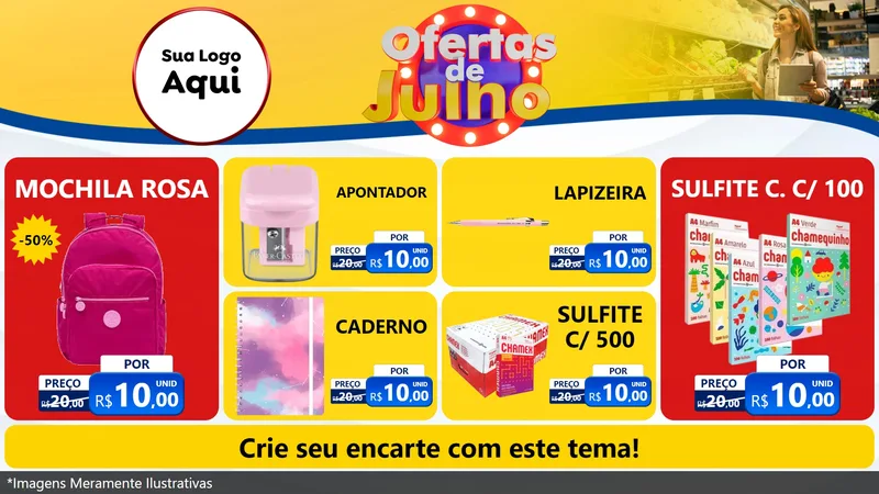 Modelo de TV para TV Horizontal com o tema Ofertas de Julho para Papelaria