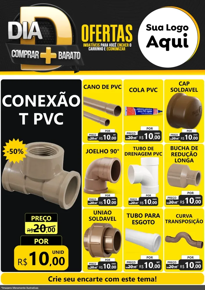 Modelo de Encarte para Encarte A4 Vertical com o tema Dia D Mais Economia para Tubos e conexões