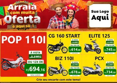Modelo de Encarte para Encarte A4 Horizontal com o tema Arraiá Com Muita Oferta - É Aqui Sô! para Concessionaria de Motos