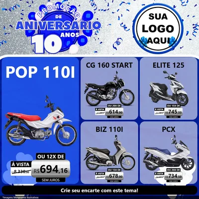 Modelo de Rede Social para Feed Facebook com o tema Promoção de Aniversário - 10 Anos para Concessionaria de Motos