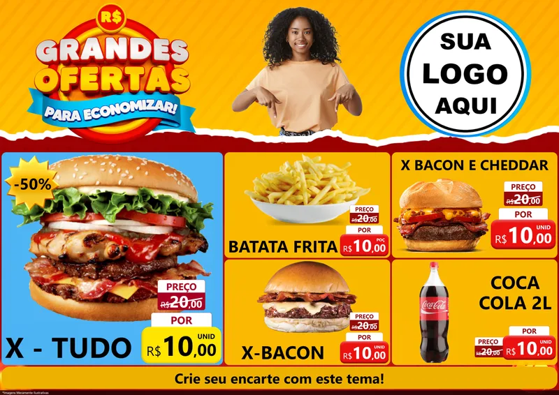Modelo de Encarte para Encarte A4 Horizontal com o tema Grandes Ofertas Para Economizar! para Hamburgueria