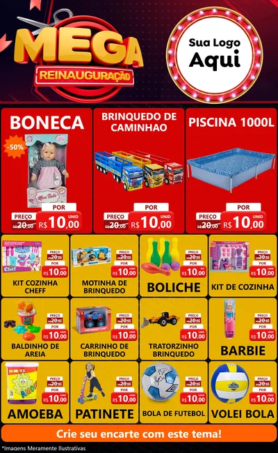 Modelo de Encarte para Encarte Grande com o tema Mega Reinauguração para Brinquedos