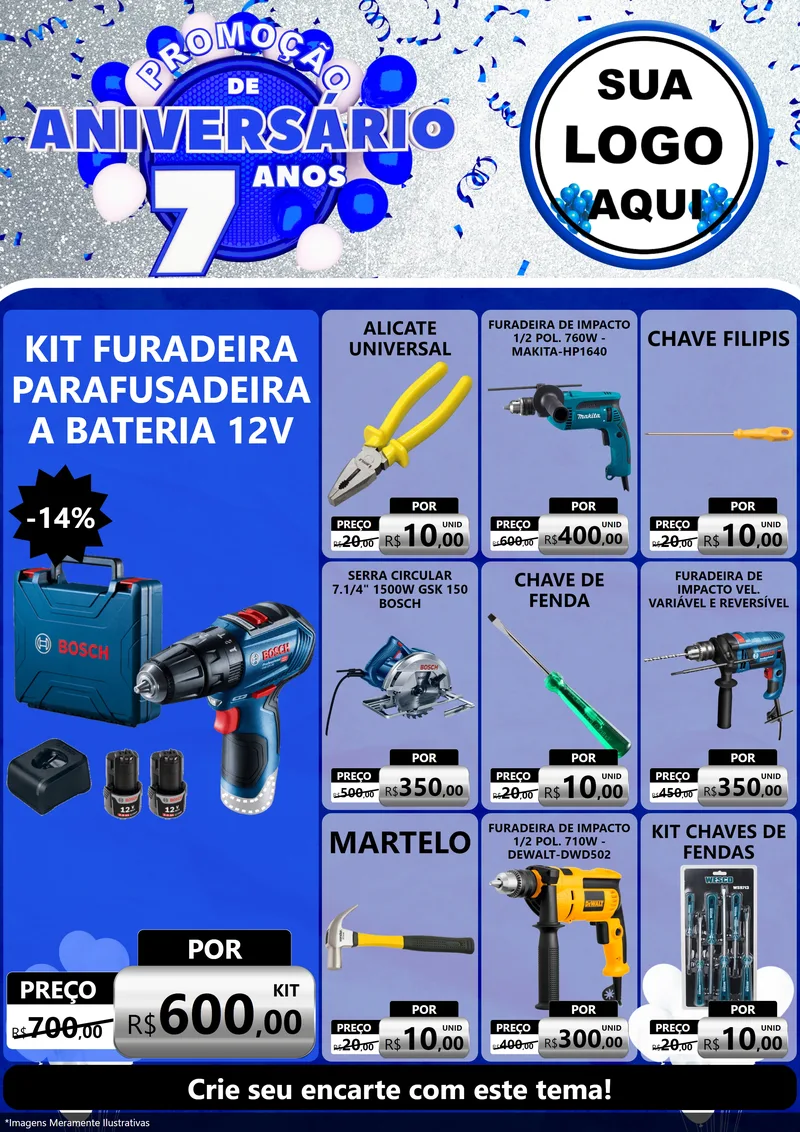 Modelo de Encarte para Encarte A4 Vertical com o tema Promoção de Aniversário - 7 Anos para Maquinas e Ferramentas