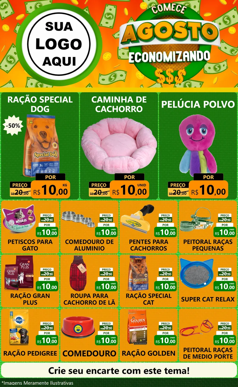 Modelo de Encarte para Encarte Grande com o tema Comece Agosto Economizando para Pet Shop