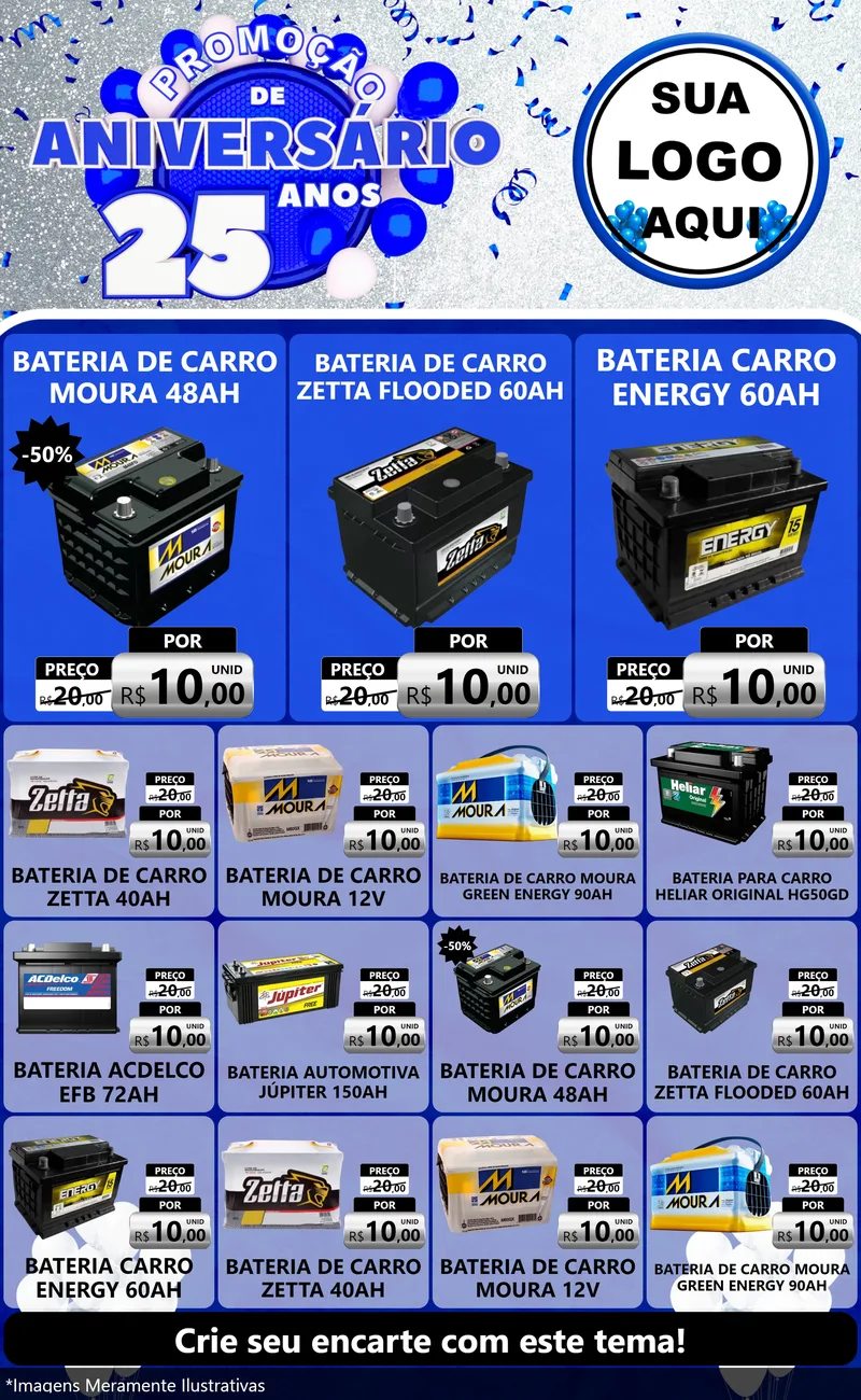 Modelo de Encarte para Encarte Grande com o tema Promoção de Aniversário - 25 Anos para Baterias Elétricas