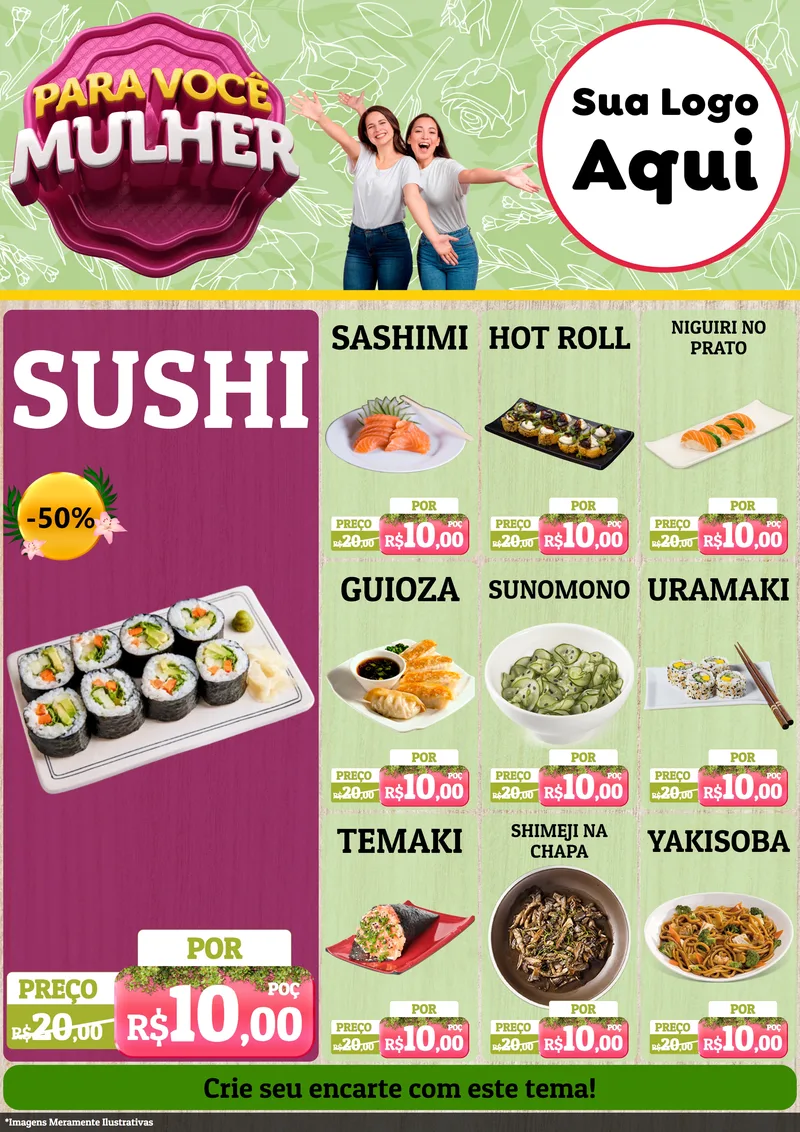 Modelo de Encarte para Encarte A4 Vertical com o tema Para Você Mulher para Comida japonesa