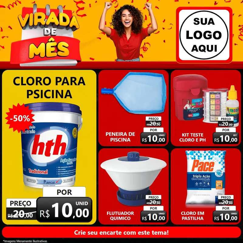 Modelo de Rede Social para Feed Facebook com o tema Virada de Mês para Produtos para Piscina