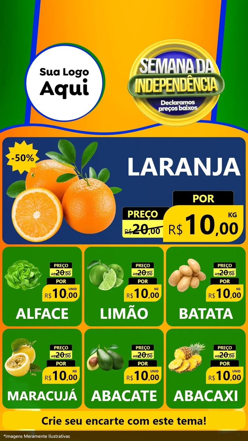 Modelo de Rede Social para Stories com o tema Semana da Independência Declaramos Preços Baixos para Hortifrúti