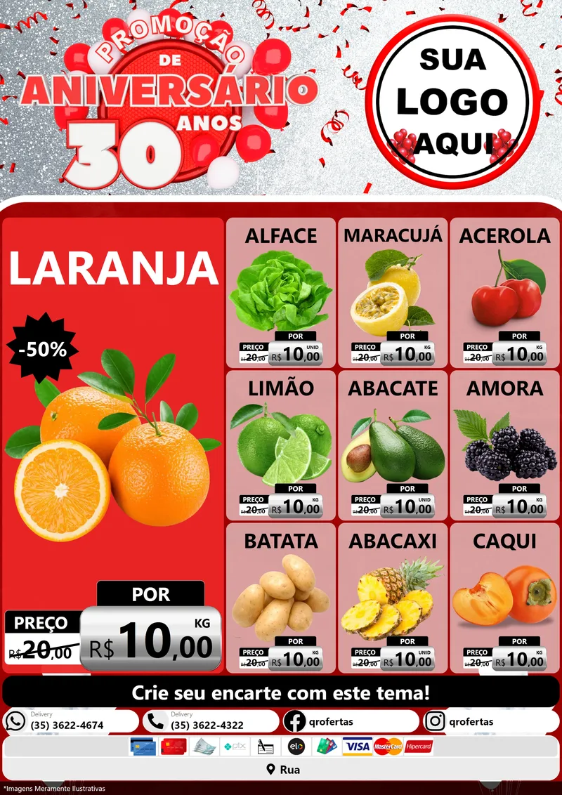 Modelo de Encarte para Encarte A4 Vertical com o tema Promoção de Aniversário - 30 Anos para Hortifrúti