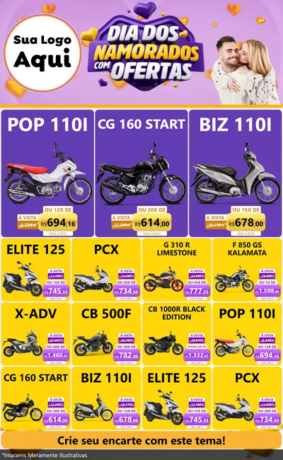 Modelo de Encarte para Encarte Grande com o tema Dia Dos Namorados Com Ofertas para Concessionaria de Motos