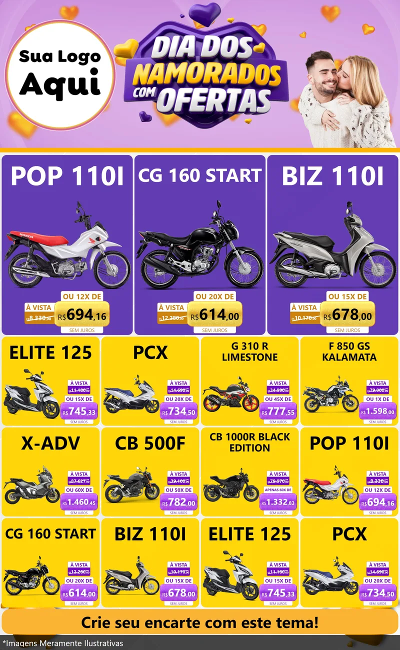Modelo de Encarte para Encarte Grande com o tema Dia Dos Namorados Com Ofertas para Concessionaria de Motos