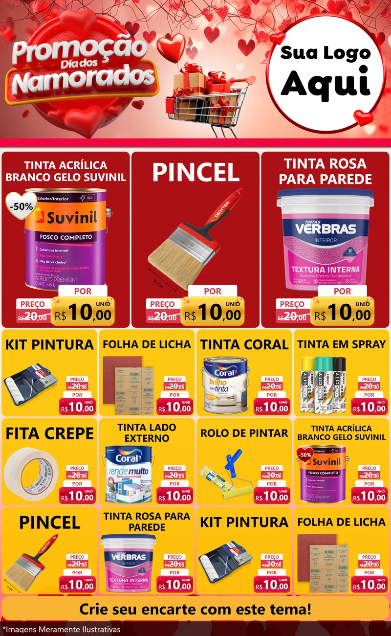 Modelo de Encarte para Encarte Grande com o tema Promoção Dia dos Namorados para Tintas e Ferramentas