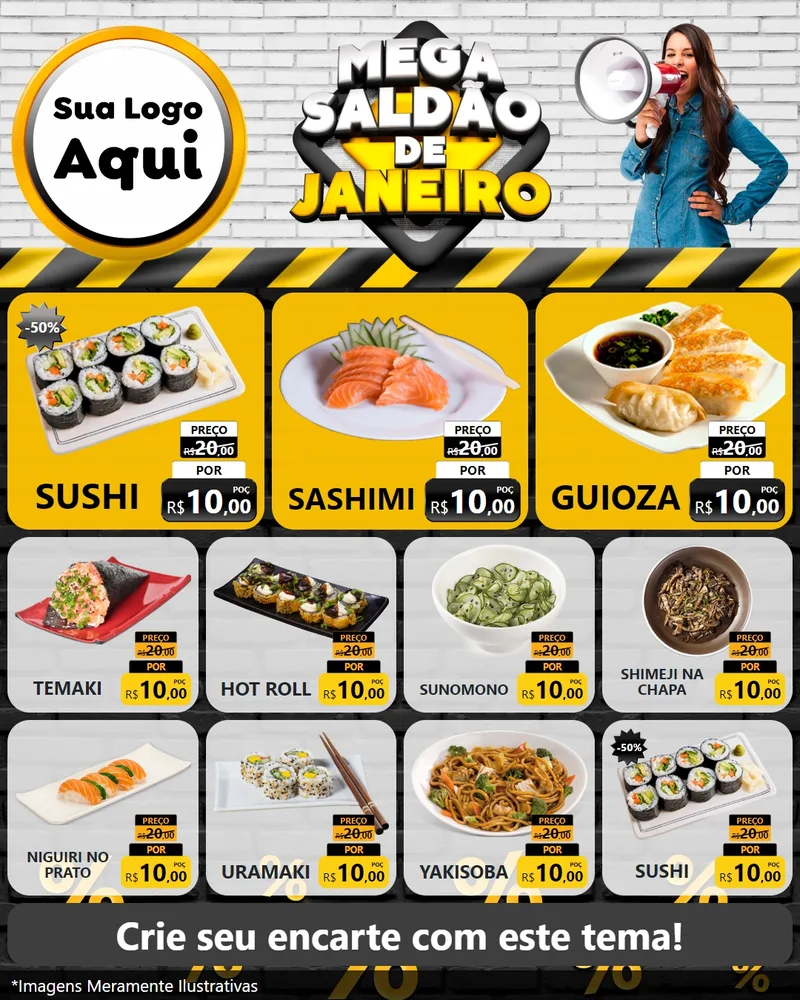 Modelo de Rede Social para Feed Instagram com o tema Mega Saldão de Janeiro para Comida japonesa