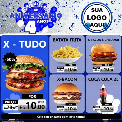 Modelo de Rede Social para Feed Facebook com o tema Promoção de Aniversário - 4 Anos para Hamburgueria