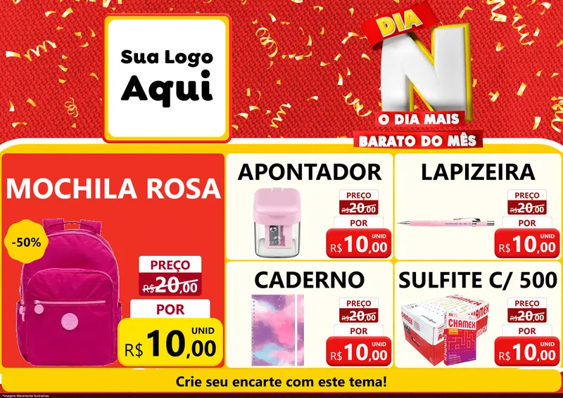 Modelo de Encarte para Encarte A4 Horizontal com o tema Dia N o Dia Mais Barato do Mês para Papelaria