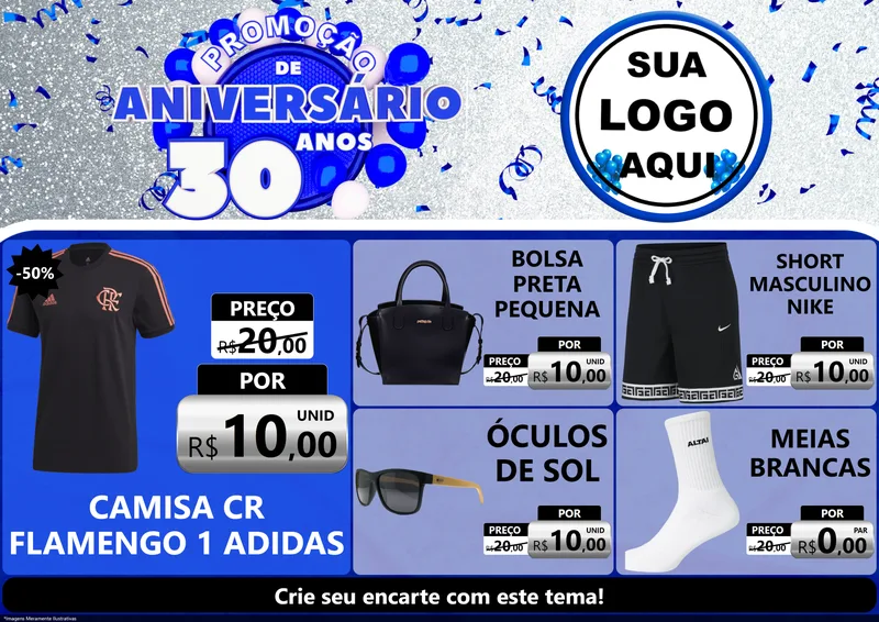Modelo de Encarte para Encarte A4 Horizontal com o tema Promoção de Aniversário - 30 Anos para Roupas e acessórios