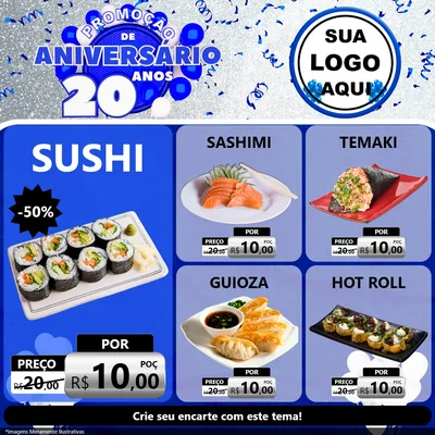 Modelo de Rede Social para Feed Facebook com o tema Promoção de Aniversário - 20 Anos para Comida japonesa