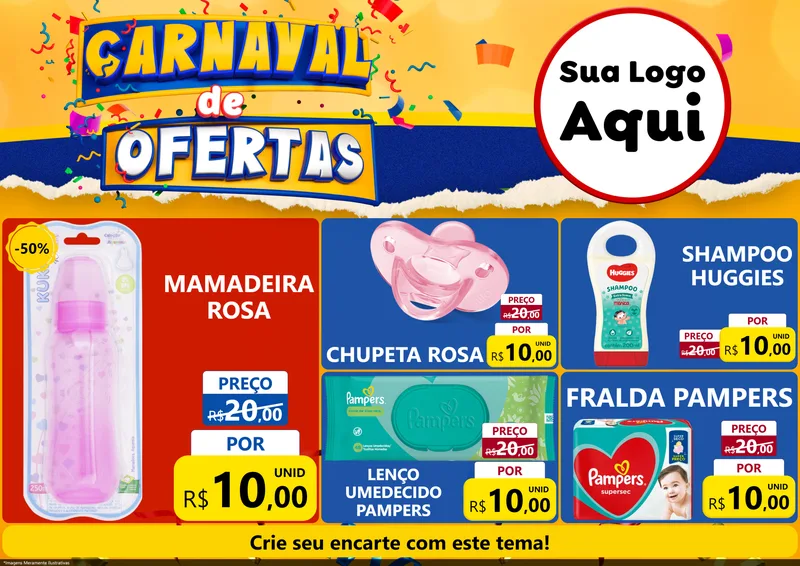 Modelo de Encarte para Encarte A4 Horizontal com o tema Carnaval de Ofertas para Bebês