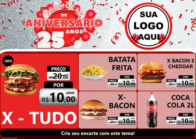 Modelo de Encarte para Encarte A4 Horizontal com o tema Promoção de Aniversário - 25Anos para Hamburgueria