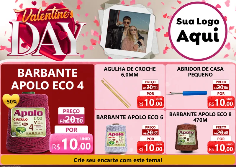 Modelo de Encarte para Encarte A4 Horizontal com o tema Valentine's Day para Armarinho e Aviamentos