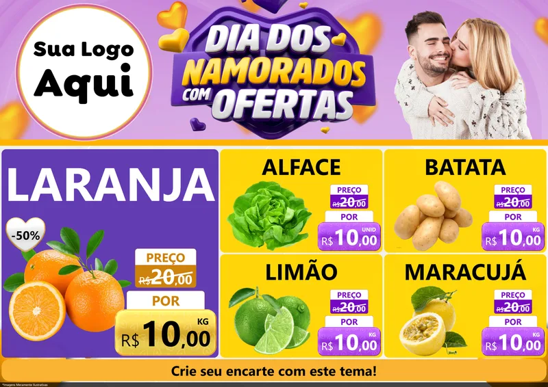 Modelo de Encarte para Encarte A4 Horizontal com o tema Dia Dos Namorados Com Ofertas para Hortifrúti