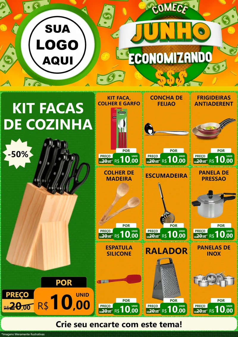 Modelo de Encarte para Encarte A4 Vertical com o tema Comece Junho Economizando para Utilidades Domésticas