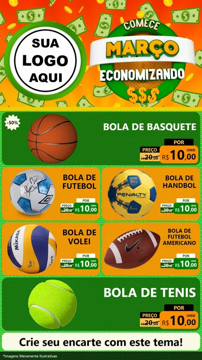 Modelo de TV para TV Vertical com o tema Comece Março Economizando para Artigos Esportivos