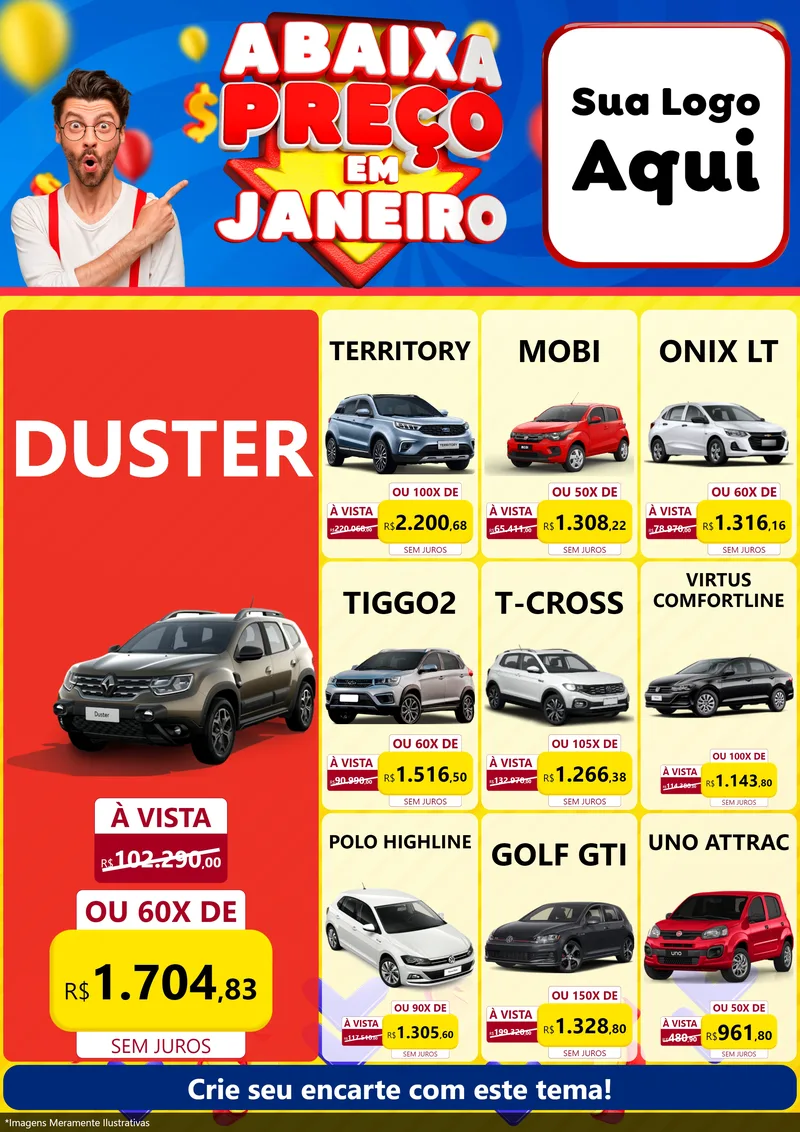 Modelo de Encarte para Encarte A4 Vertical com o tema Abaixa Preço em Janeiro para Concessionaria de Carros