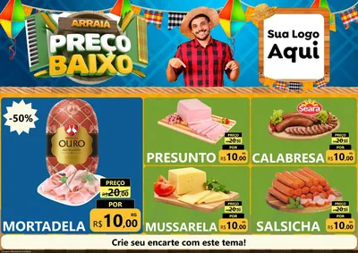 Modelo de Encarte para Encarte A4 Horizontal com o tema Arraiá de Preço Baixo - Junina para Frios e Laticínios