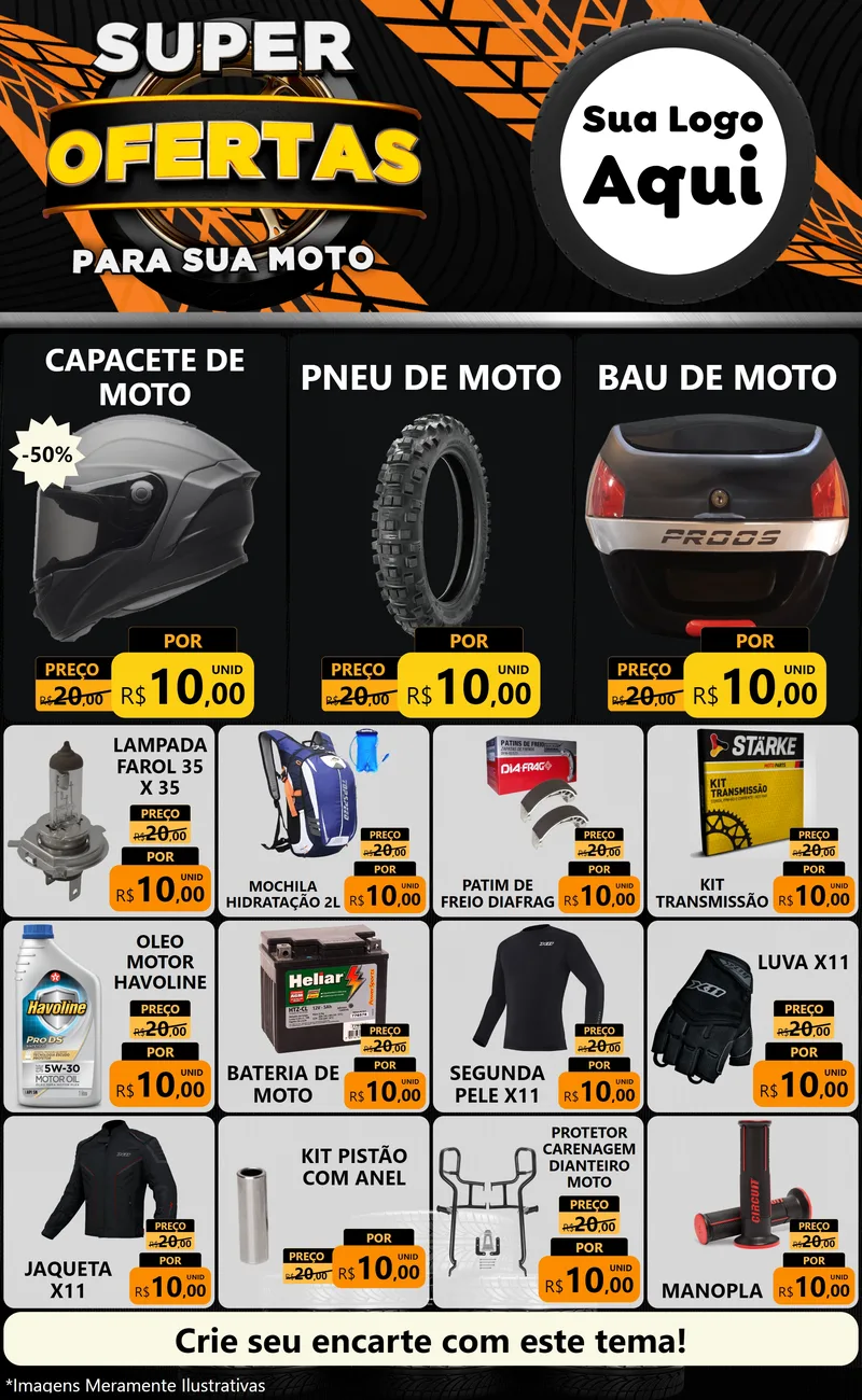 Modelo de Encarte para Encarte Grande com o tema Super Ofertas Para Sua Moto para Moto peças