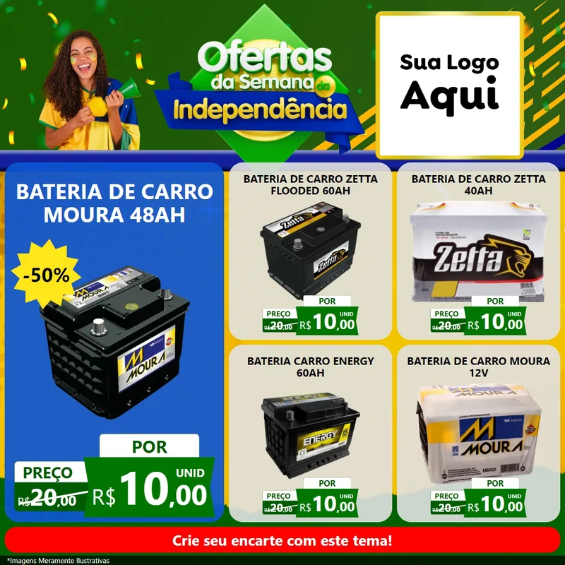 Modelo de Rede Social para Feed Facebook com o tema Ofertas da Semana da Independência para Baterias Elétricas