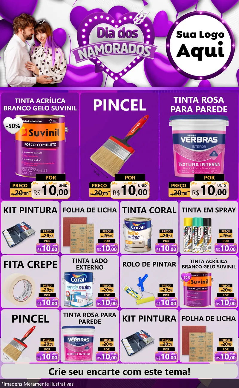 Modelo de Encarte para Encarte Grande com o tema Dia dos Namorados para Tintas e Ferramentas