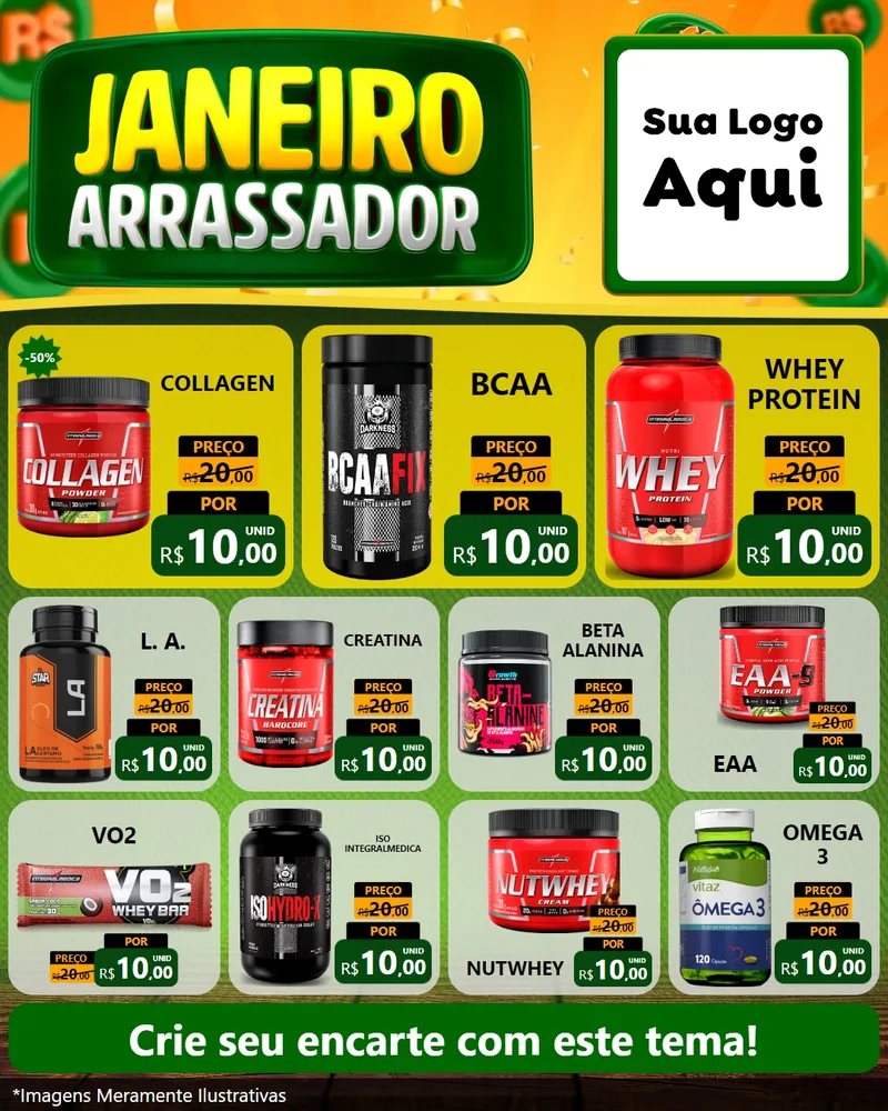 Modelo de Rede Social para Feed Instagram com o tema Janeiro Arrasador para Suplementos alimentares