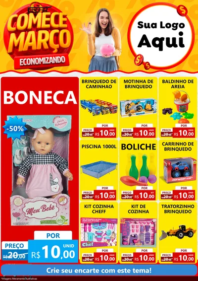 Modelo de Encarte para Encarte A4 Vertical com o tema Comece Março Economizando para Brinquedos