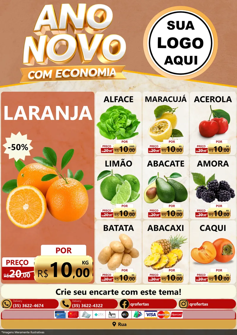 Modelo de Encarte para Encarte A4 Vertical com o tema Ano Novo Com Economia para Hortifrúti