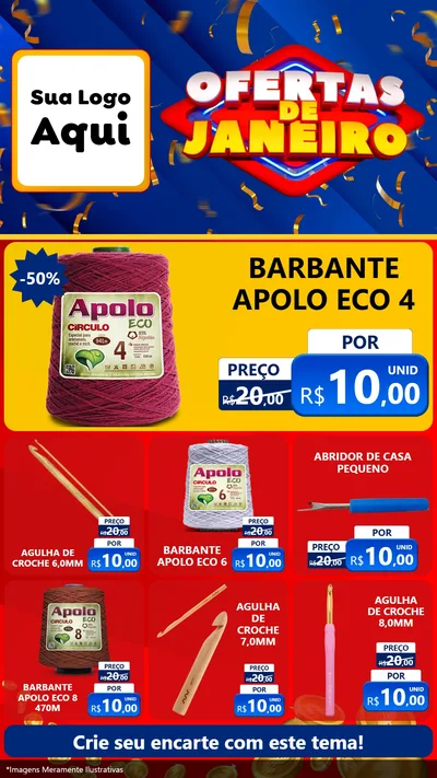 Modelo de Rede Social para Stories com o tema Ofertas de Janeiro para Armarinho e Aviamentos