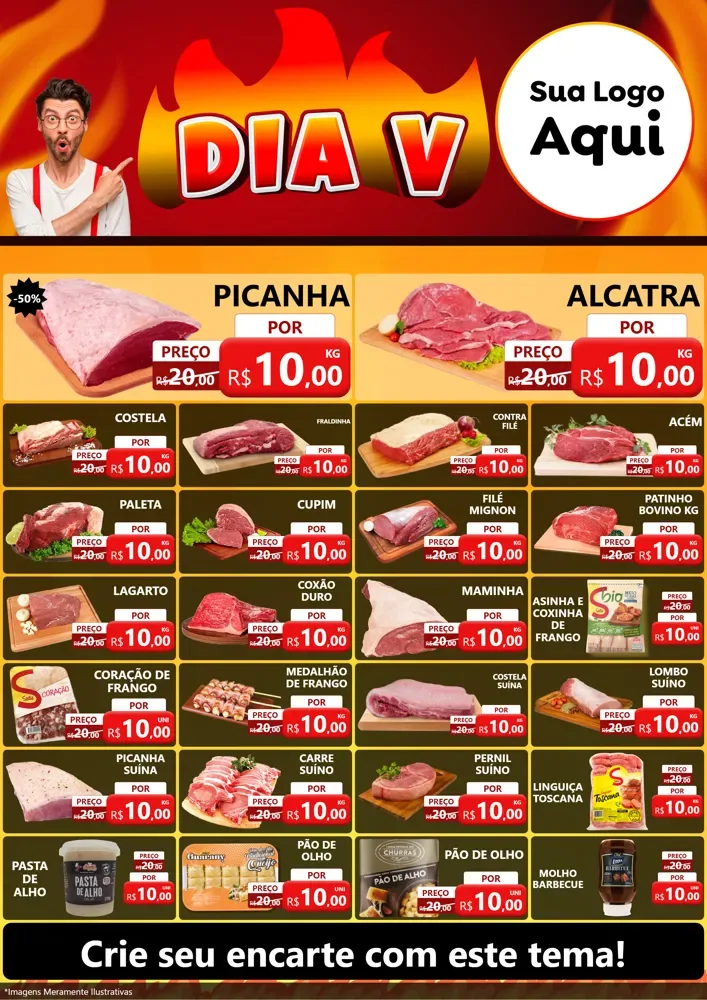 Modelo de Encarte para Encarte A4 Vertical com o tema Dia V para Açougue