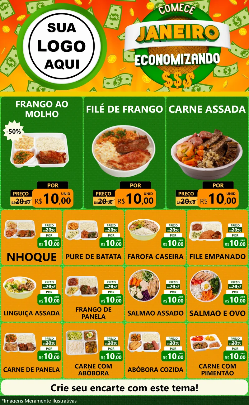 Modelo de Encarte para Encarte Grande com o tema Comece Janeiro Economizando para Restaurante