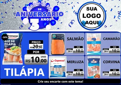 Modelo de Encarte para Encarte A4 Horizontal com o tema Promoção de Aniversário - 3 Anos para Peixaria