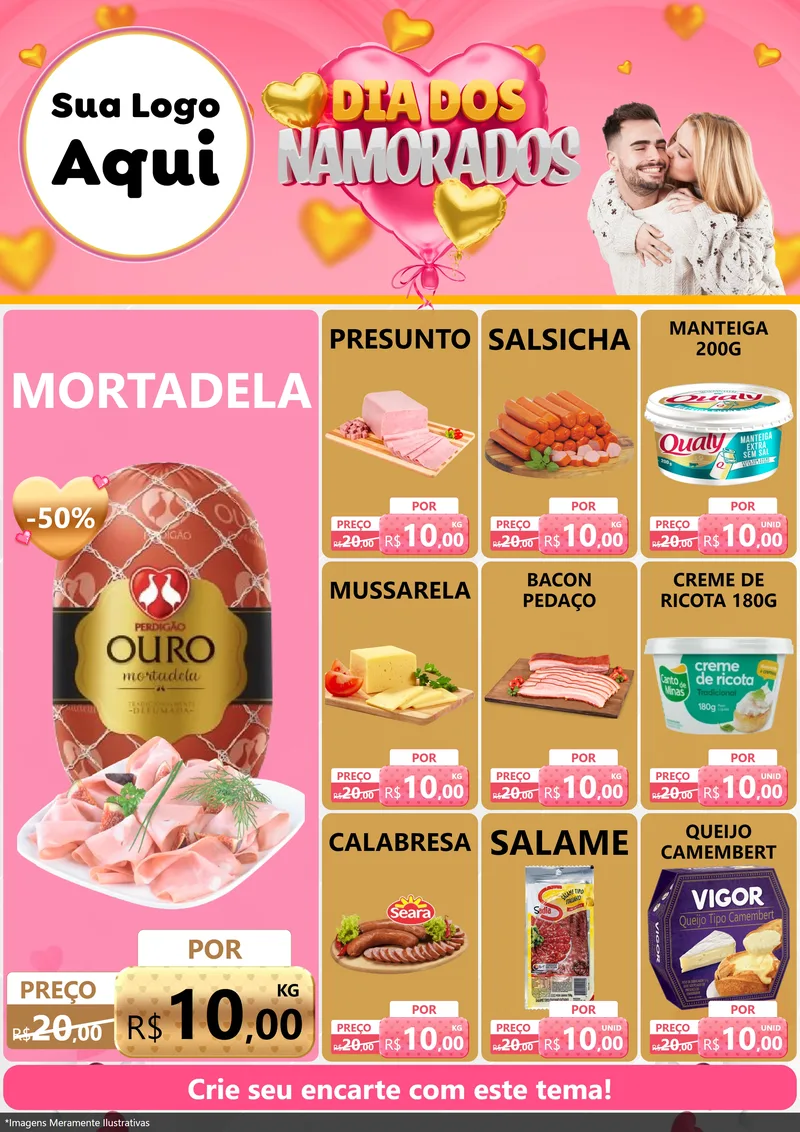 Modelo de Encarte para Encarte A4 Vertical com o tema Dia dos Namorados para Frios e Laticínios
