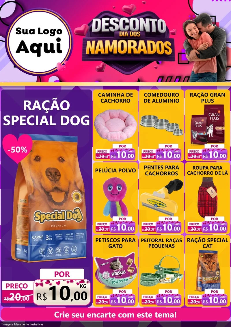 Modelo de Encarte para Encarte A4 Vertical com o tema Desconto Dia dos Namorados para Pet Shop