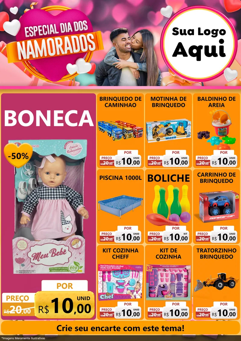 Modelo de Encarte para Encarte A4 Vertical com o tema Especial Dia dos Namorados para Brinquedos