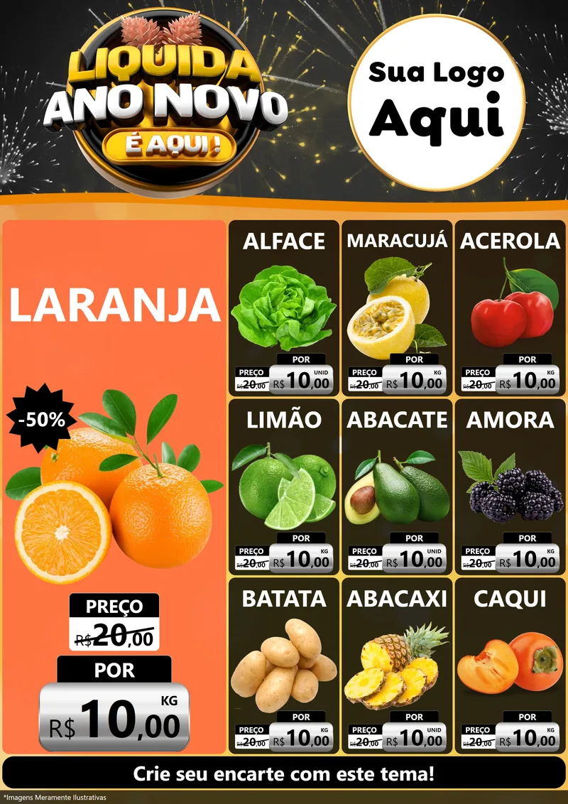Modelo de Encarte para Encarte A4 Vertical com o tema Liquida Ano Novo É Aqui! para Hortifrúti